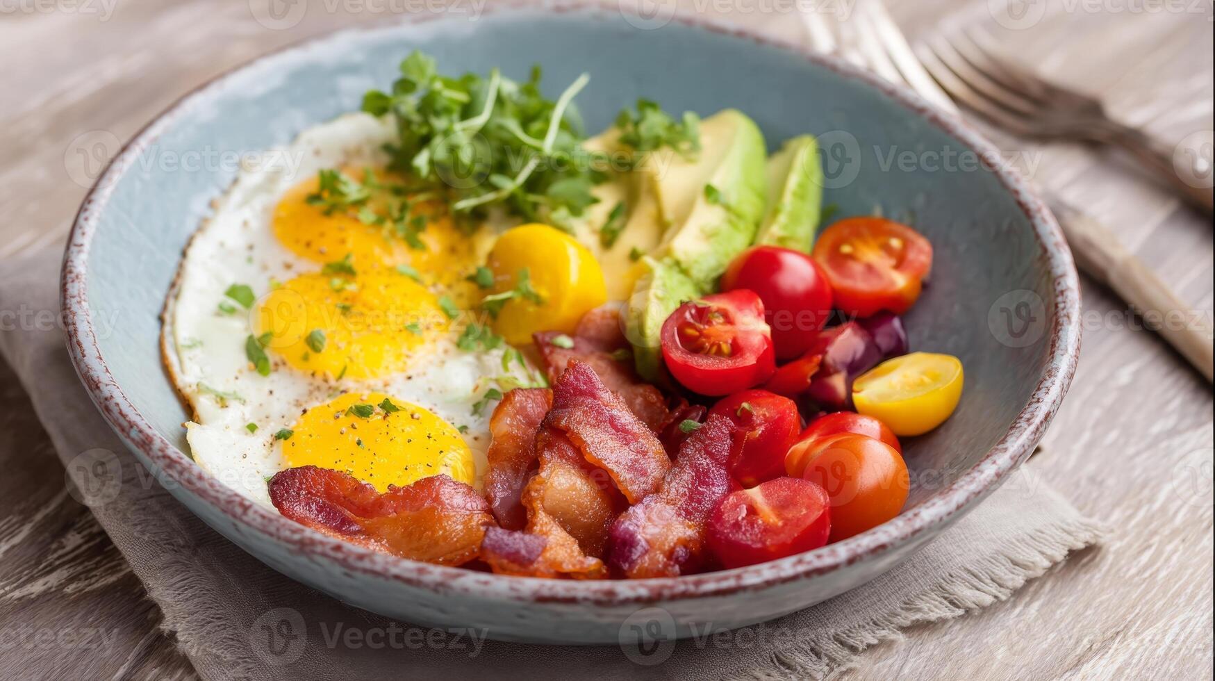 Brightly arranged keto breakfast bowl features eggs, bacon, avocado, and cherry tomatoes in natural light photo