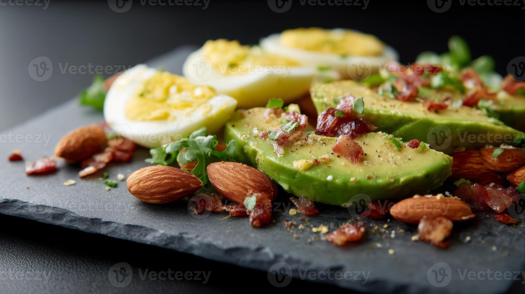 Sliced avocado paired with eggs, crispy bacon, and almonds arranged on a slate plate in soft lighting photo