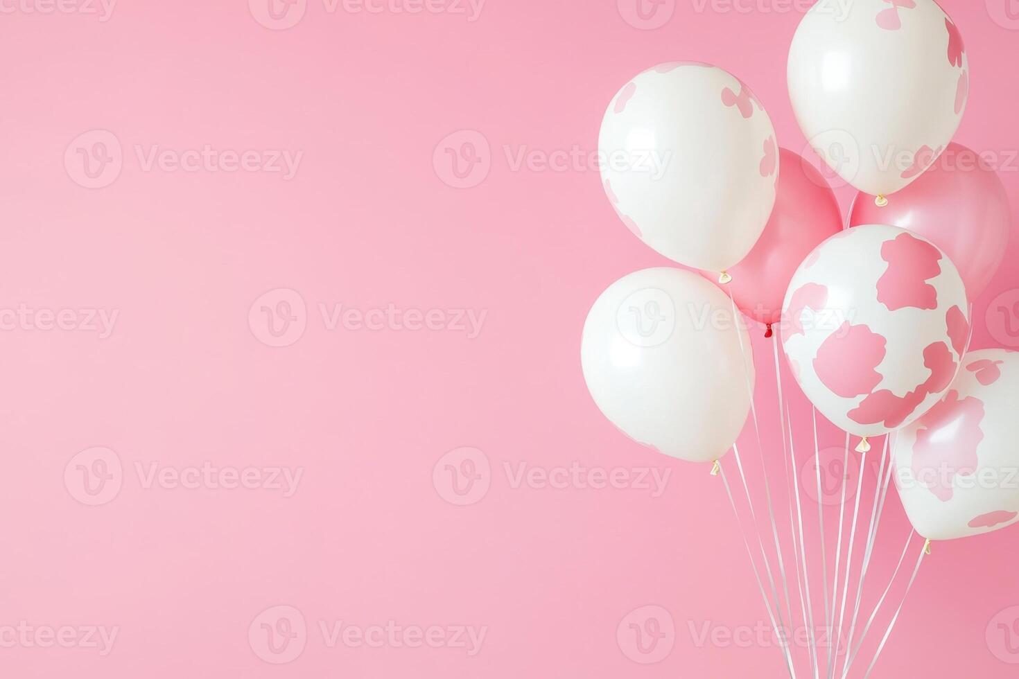A cheerful set of cow-print balloons pops against a soft pink background, perfect for parties photo