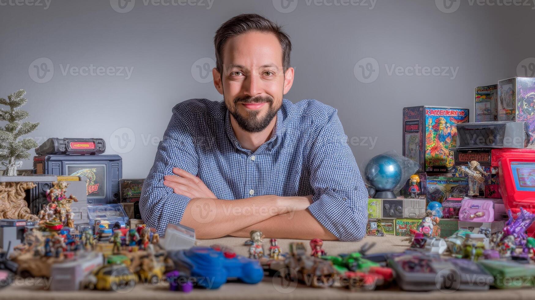 Adult man smiles while surrounded by colorful toys and retro gaming items, embracing playful nostalgia, kidults concept photo
