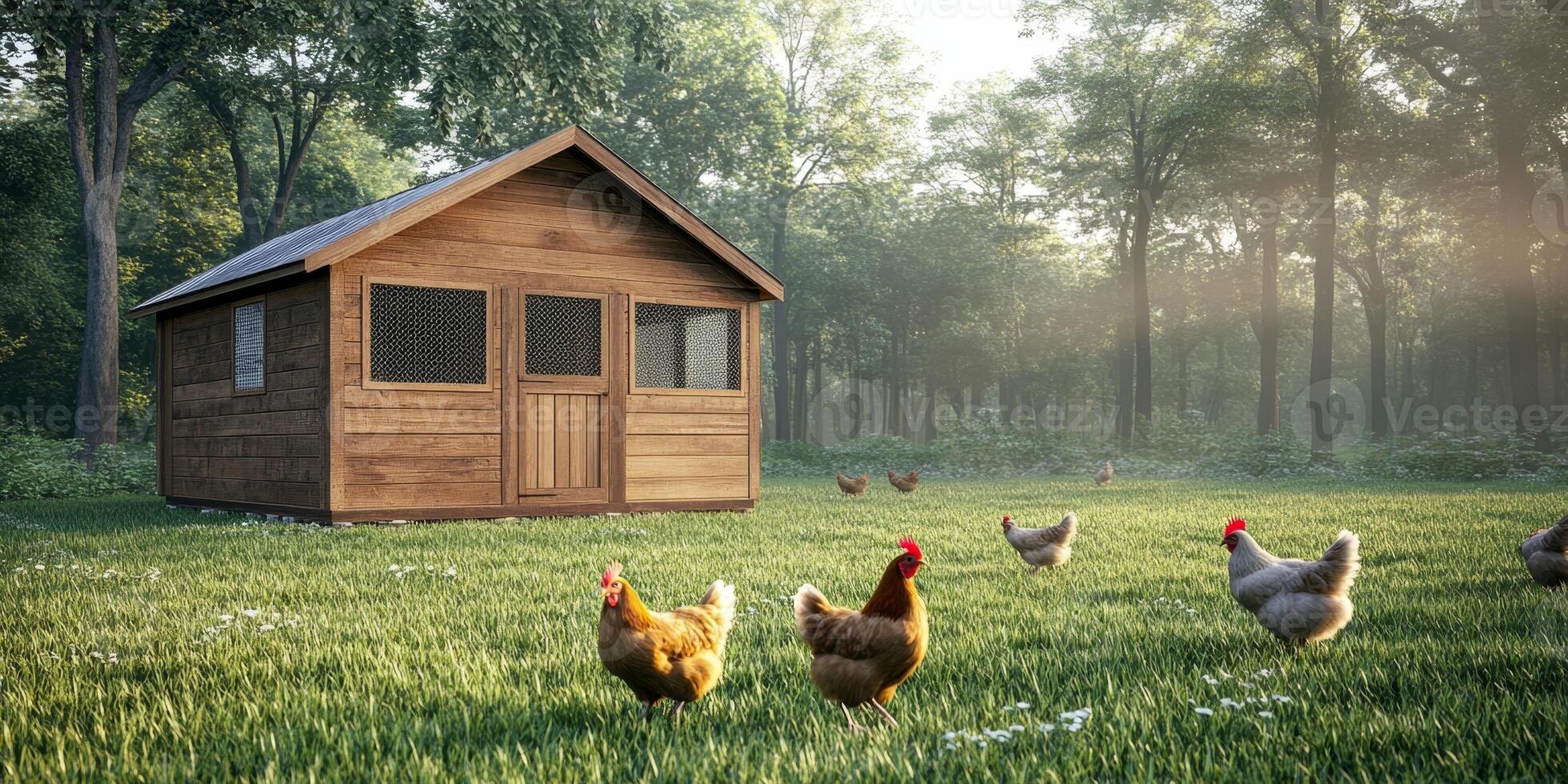Free-range chickens wander around a stylish chicken coop in a serene, green backyard setting photo