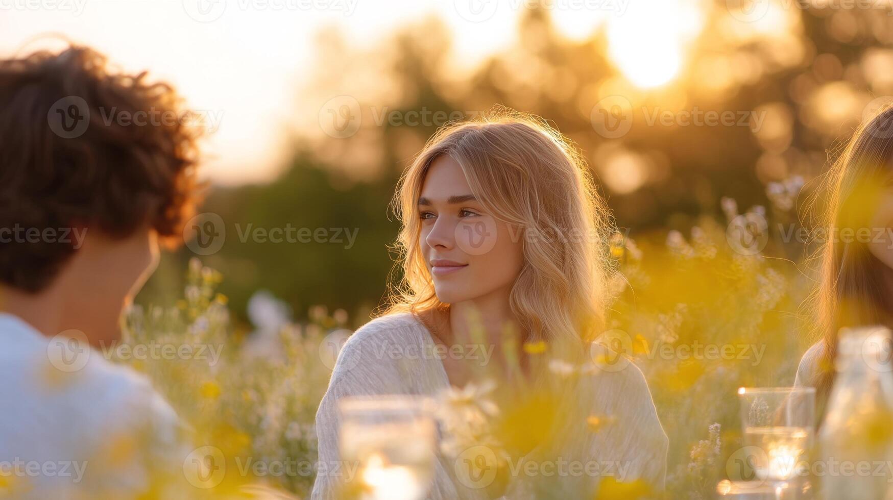 Young adults enjoy a mindful picnic during golden hour, sipping lemonade and embracing slow living photo
