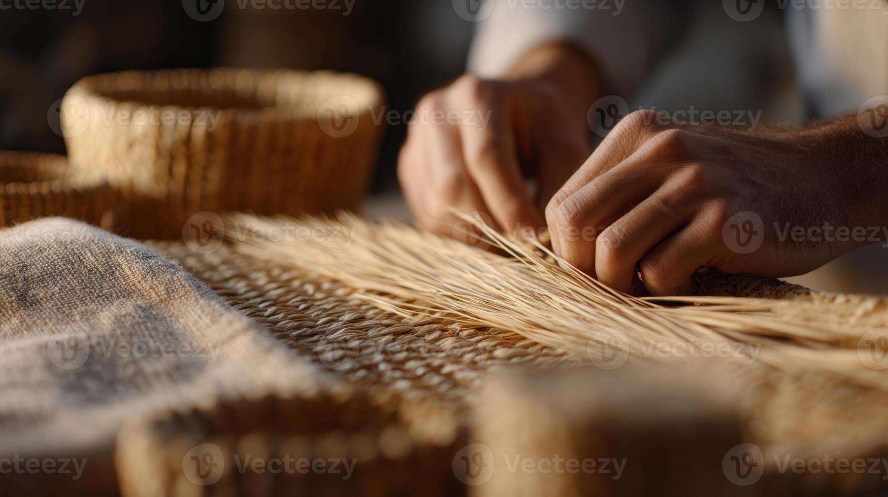 A craftsman skillfully weaves raffia into unique accessories amidst warm light and earthy tones photo