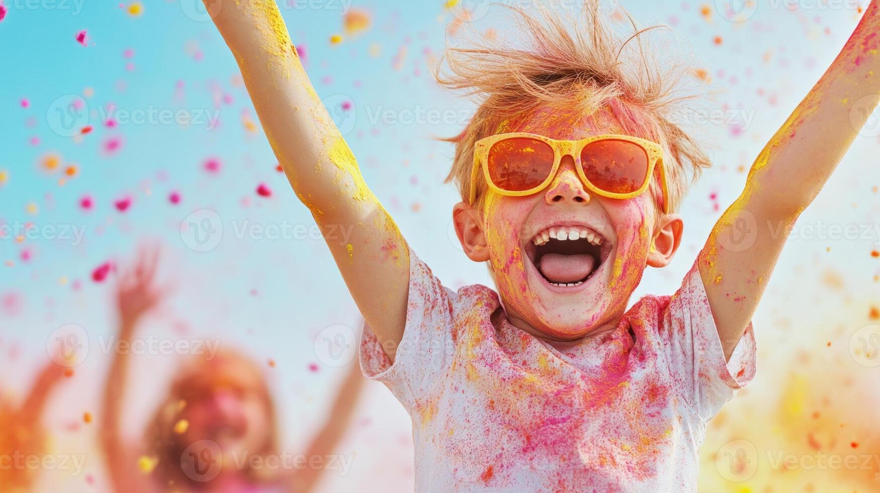 Children are dancing and playing at the Holi festival, covered in bright colors and enjoying spring photo