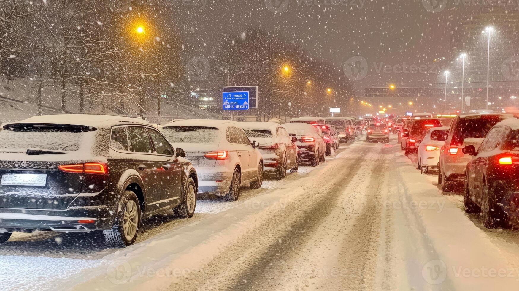 Cars are stuck in a long traffic jam on the highway due to heavy snowfall, making driving conditions tough photo