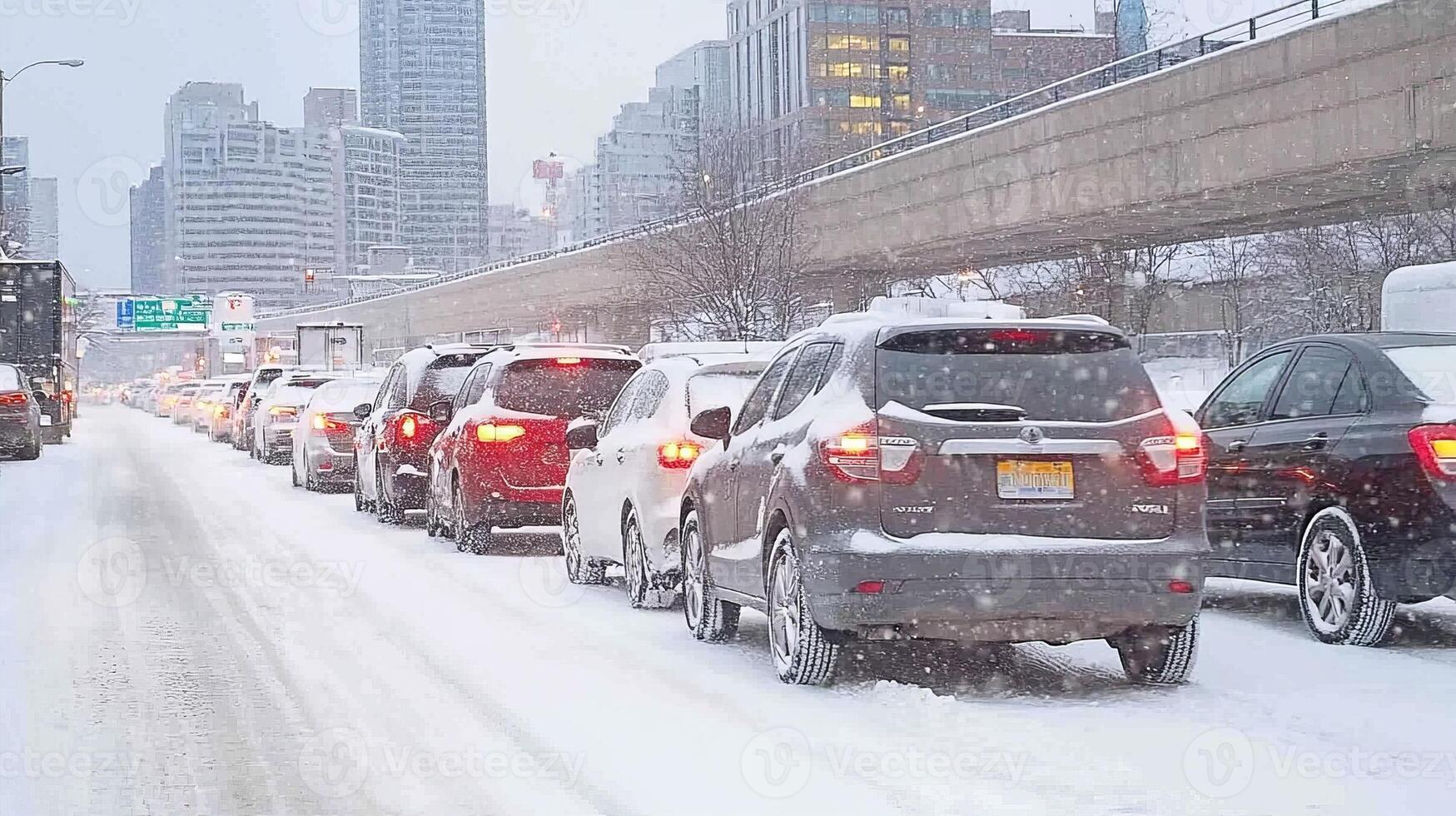 Cars are stuck in traffic on a snowy day in the city, as winter weather creates difficult driving conditions photo