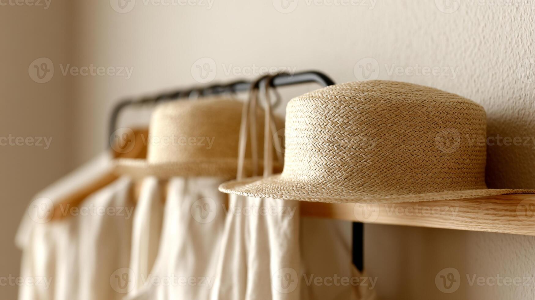 Collection of linen dresses and raffia hats arranged neatly, creating a minimalistic and warm atmosphere photo