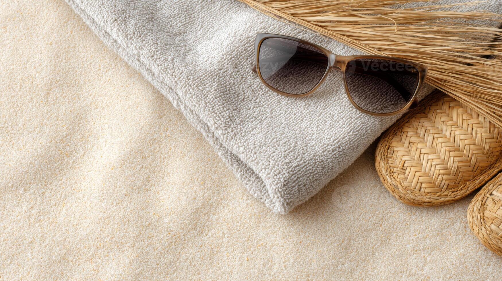 Beach towel, raffia sandals, and sunglasses arranged on golden sand for a stylish summer getaway photo