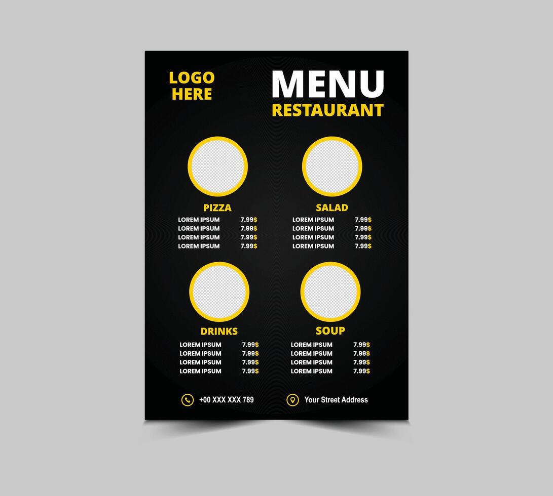 Menu Restaurant Fast Food Flyer Template Design With Pizza Salad Soup And Drinks Illustration vector