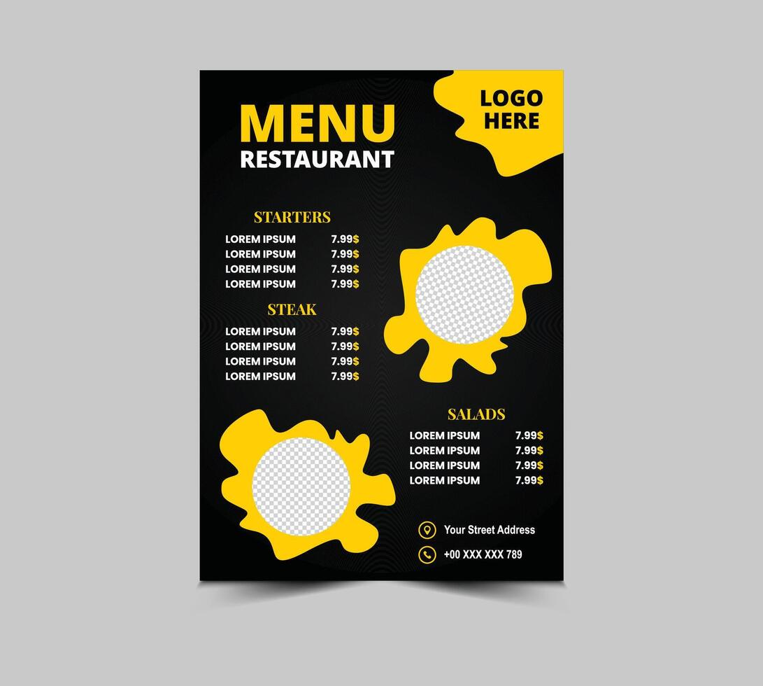 Menu Restaurant Fast Food Flyer Template Design With Steak Starters And Salad Illustration vector