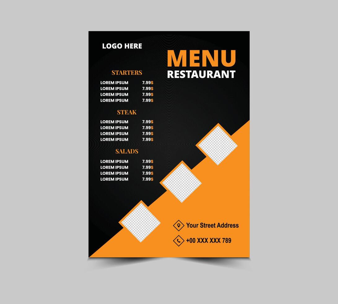 Menu Restaurant Fast Food Flyer Design Template With Starters Steak And Salad Illustration vector