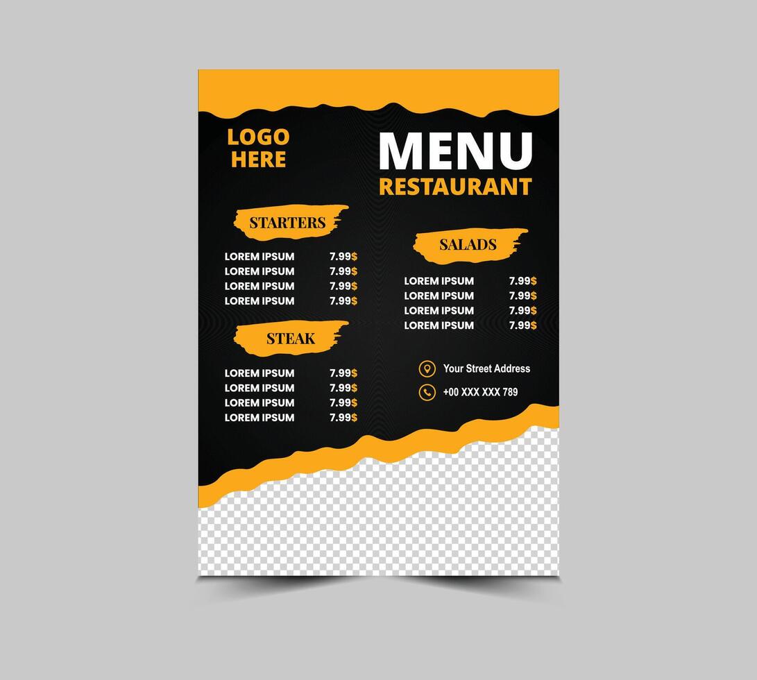 Menu Restaurant Fast Food Flyer Template Design With Starters Steak And Salad Illustration vector