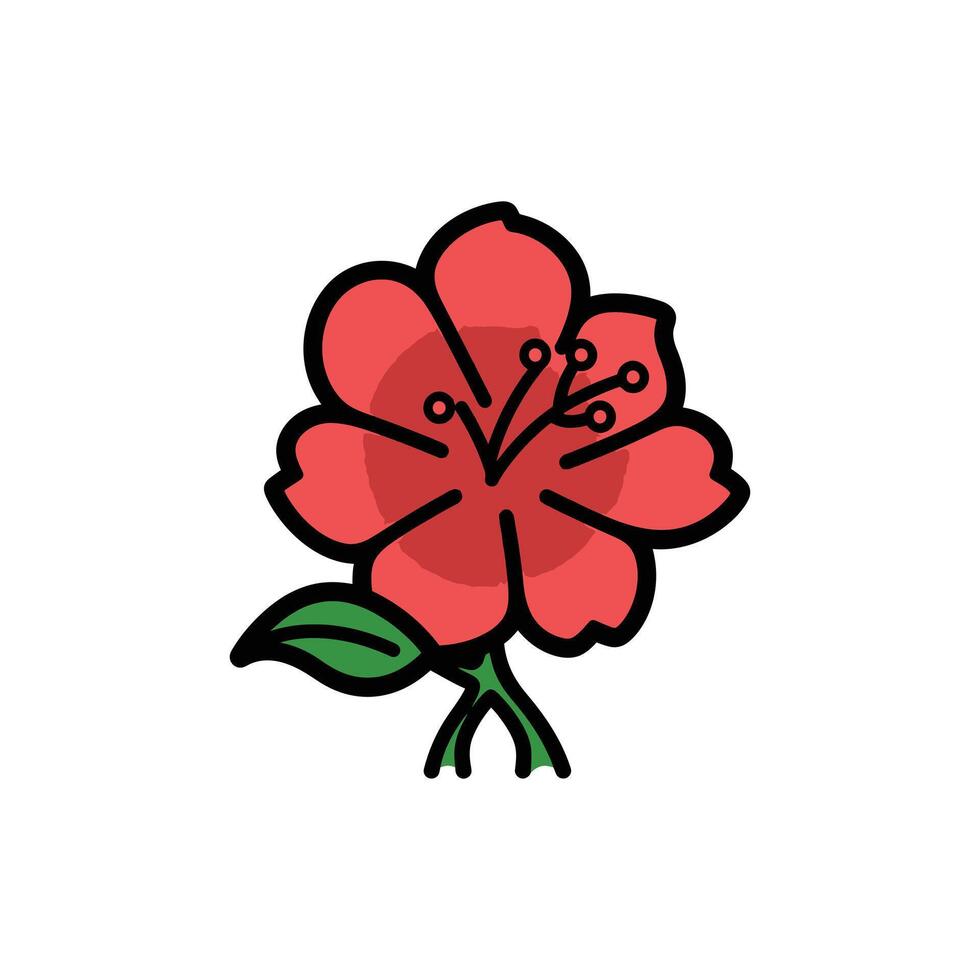Cartoon Red Hibiscus Flower with Green Leaves and Black Outlines Isolated on White vector