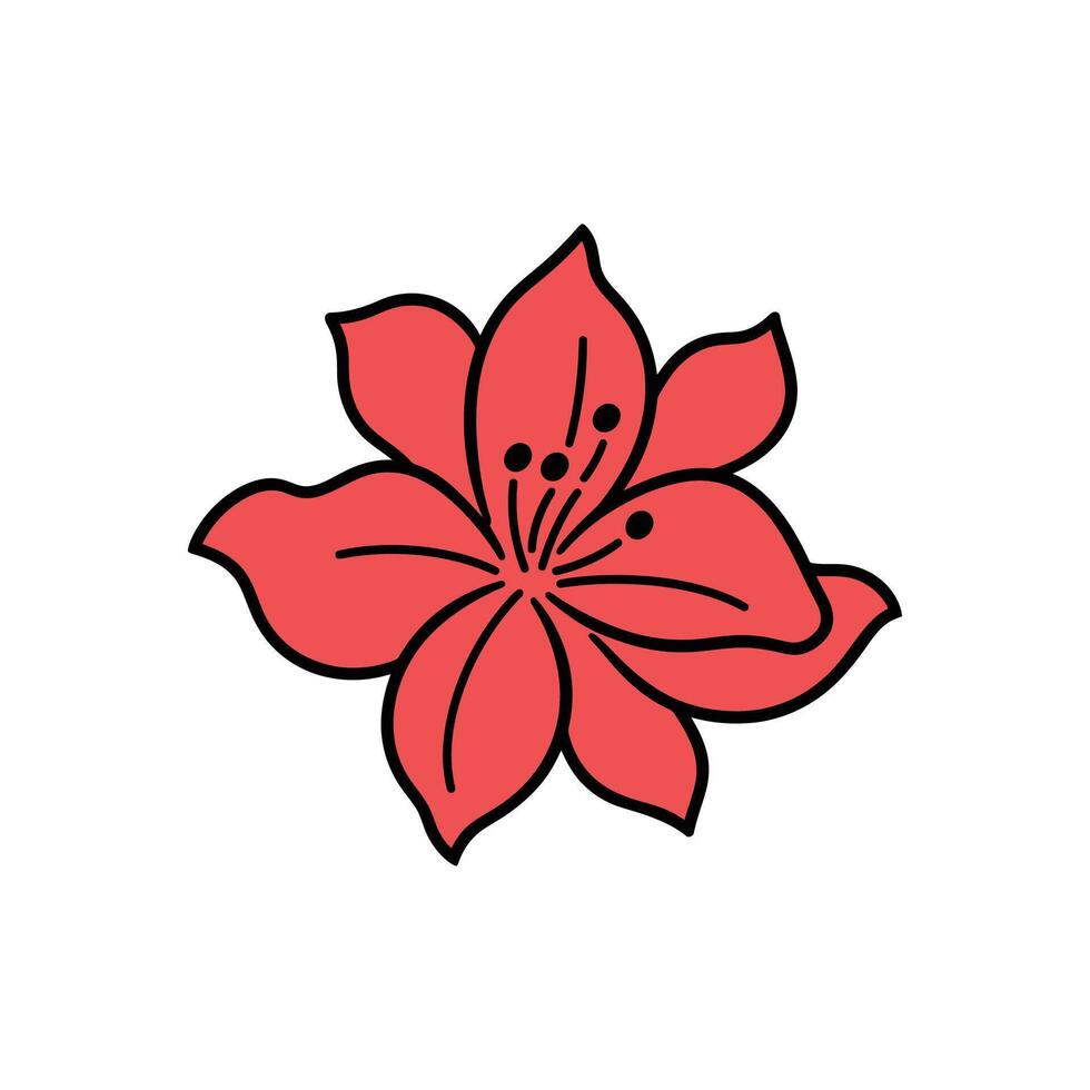 Simple Red Flower Clipart with Black Outline and Black Seed Details on White Background vector