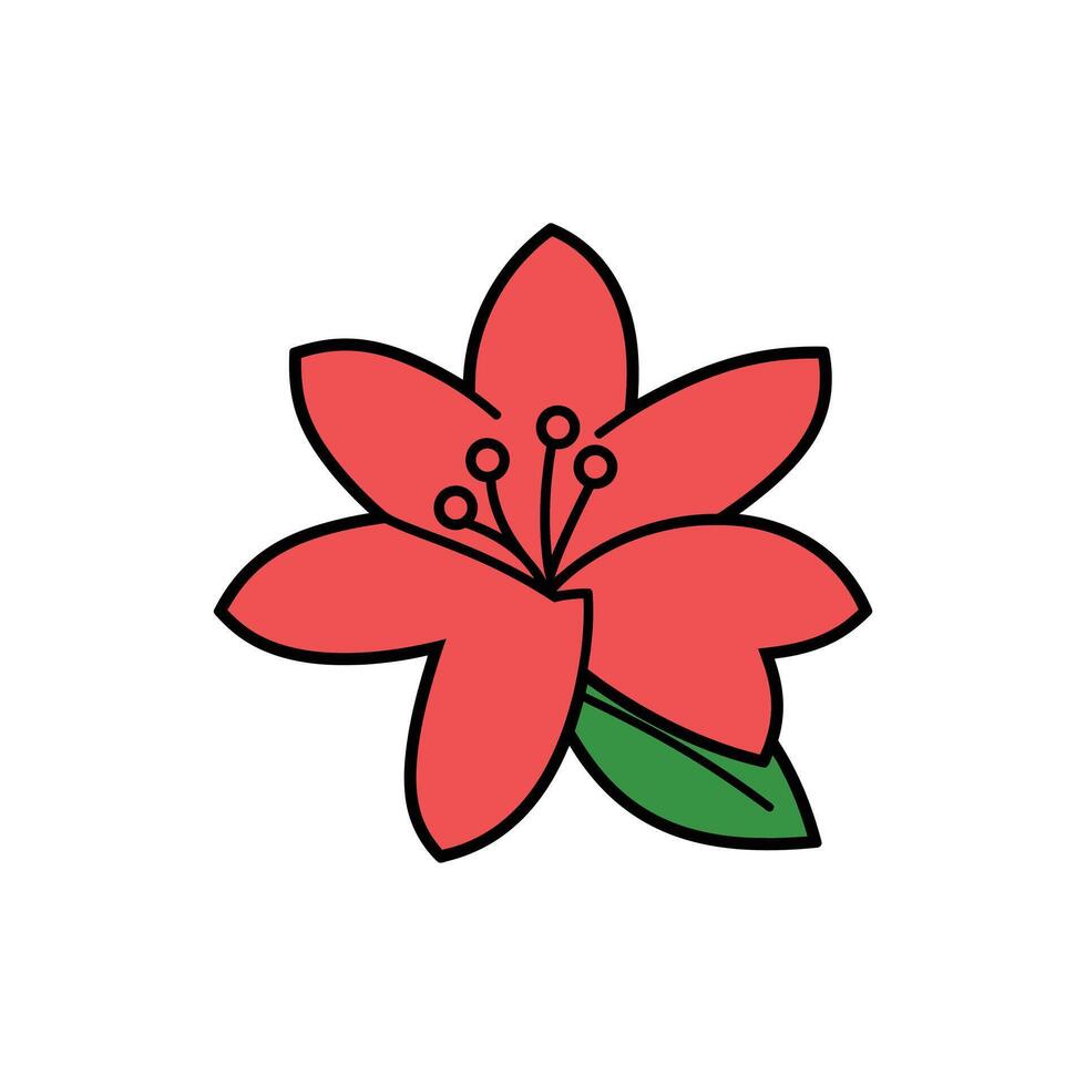Stylized Red Flower with Black Outline and Green Leaf Illustration on White vector