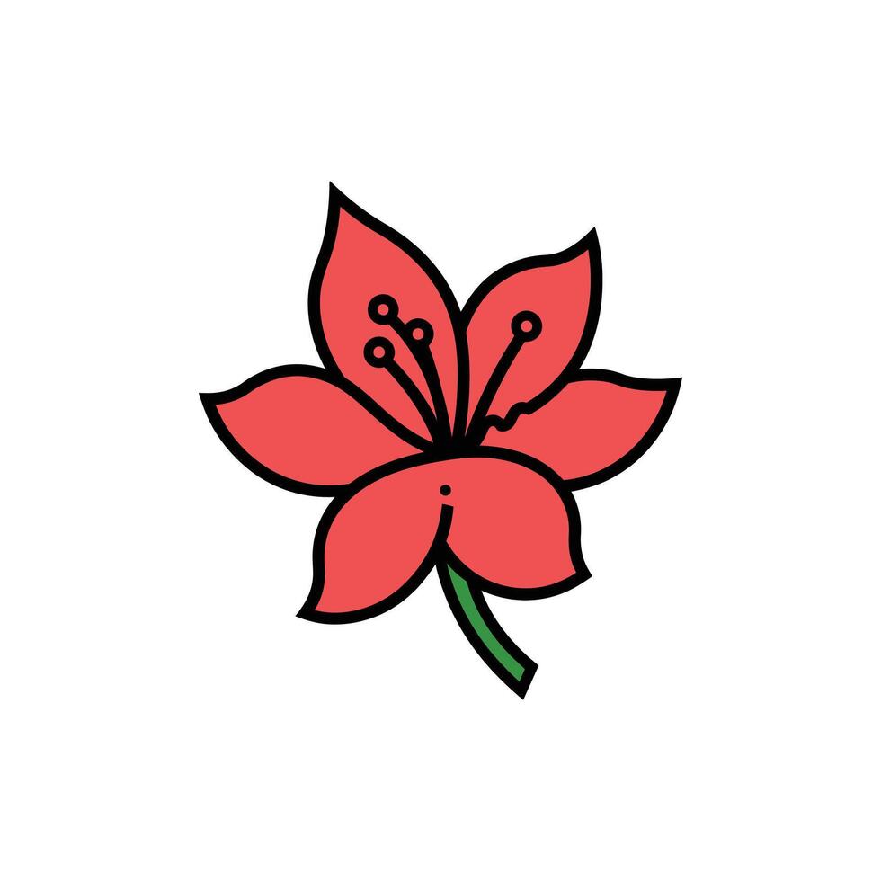 Stylized of Red Flower with Green Stem and Black Outline Illustration vector