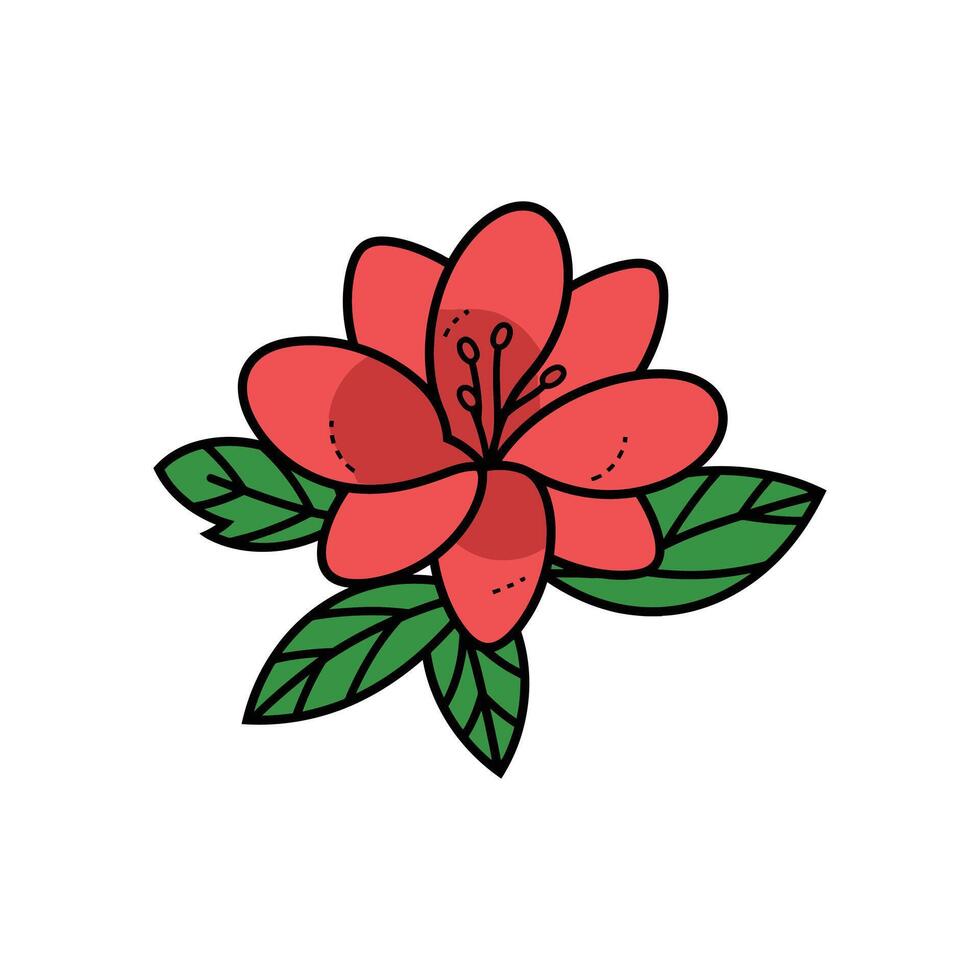CartoonStyle Red Flower with Green Leaves Illustration on White Background vector