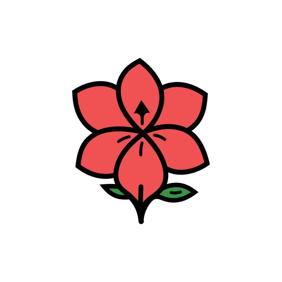 Simple Illustration of a Blooming Red Flower with Green Leaves and Black Outline vector