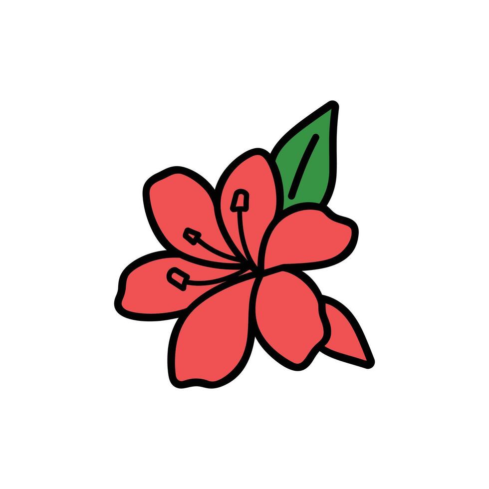 Stylized Red Azalea Flower Illustration with Green Leaf on White Background, Blooming Plant vector