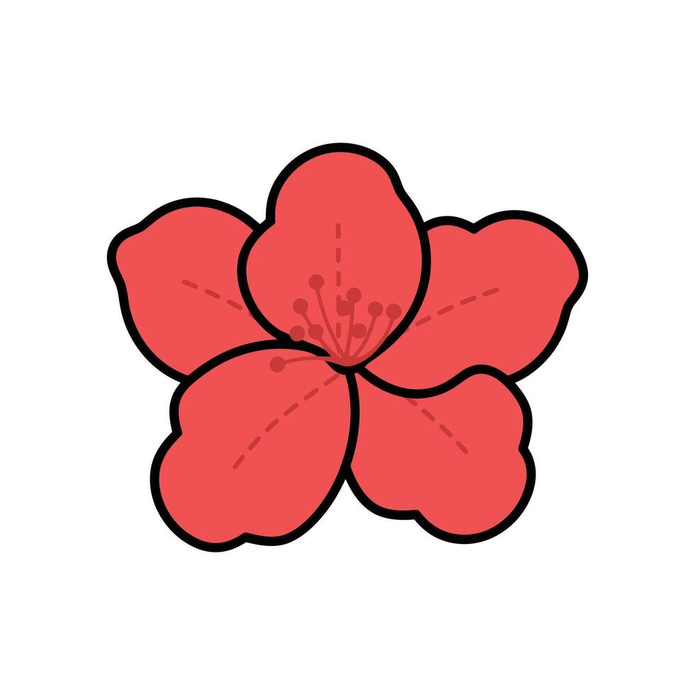 Cartoon Pink Flower with Five Petals and Black Outline on a White Background vector