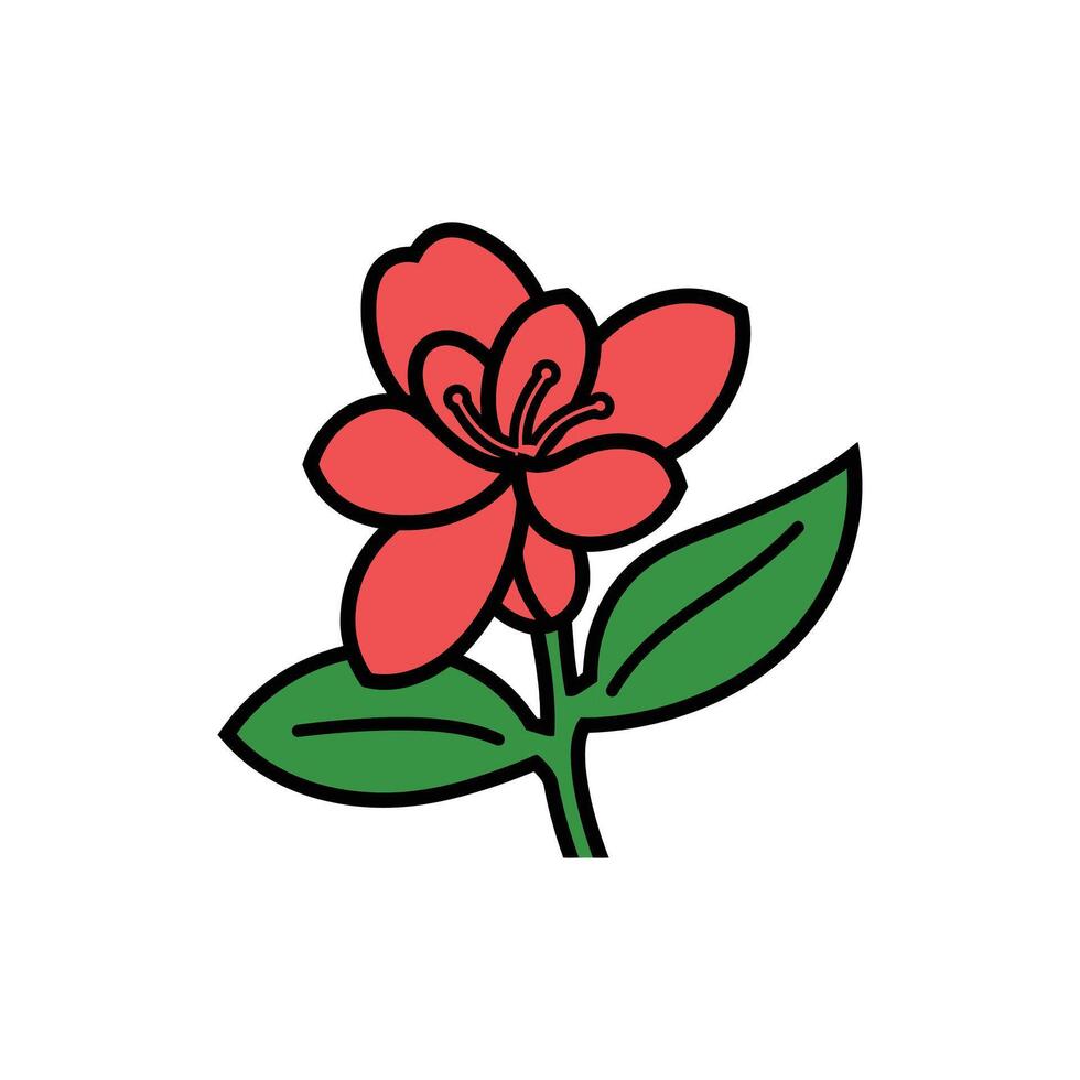 Cartoon Red Flower Illustration with Green Leaves and Stem on White Background vector