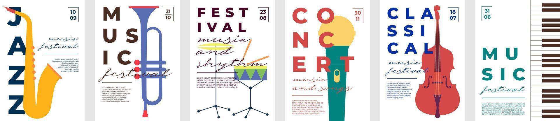 Abstract jazz and classical music concert posters with instruments like violin, trumpet, and piano. Flat set. Perfect for festivals, party flyers, conservatory events or club performances. vector