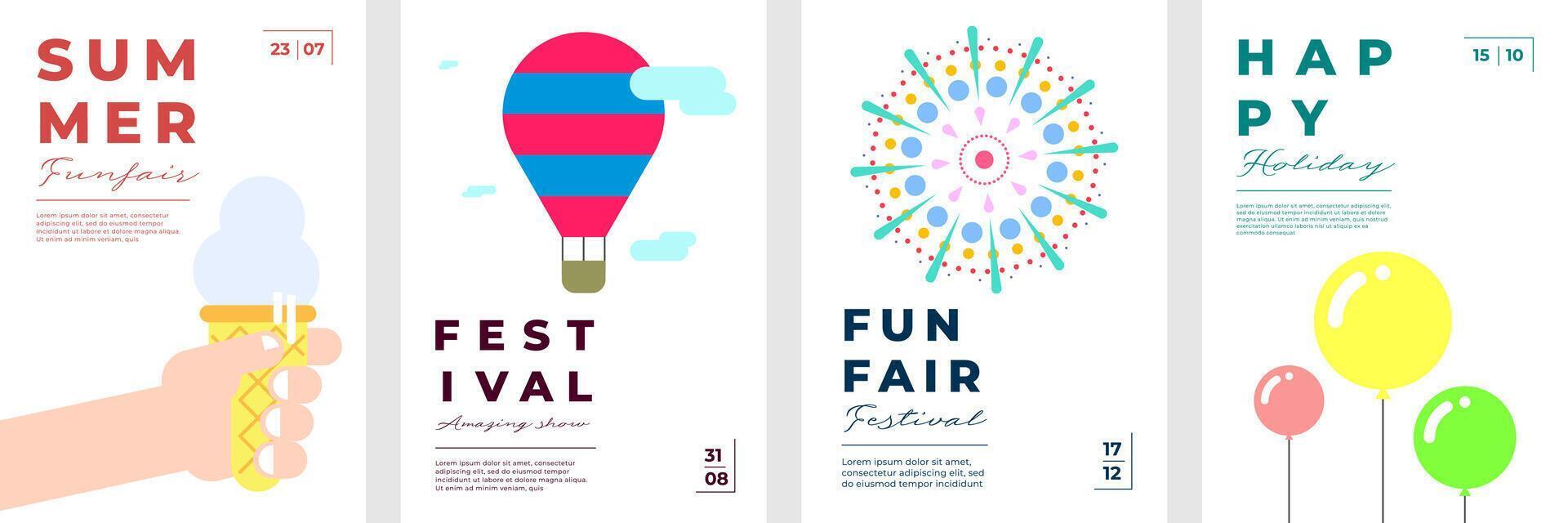 Flat poster set of summer carnival and funfair with kids activities. Hand with ice cream, balloons and fireworks. Perfect for party flyers, vacation events and festive banners. vector