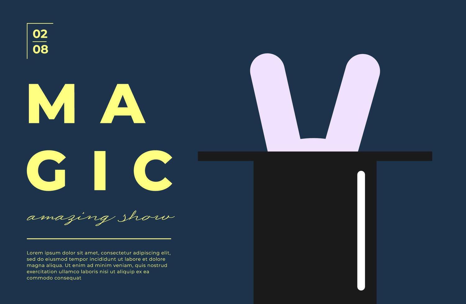 Magical rabbit in hat circus poster. Horizontal minimal layout. Simple graphic bunny, cylinder hat and modern trendy flat typography. Kids whimsical fantasy vibe shows or party invites. vector