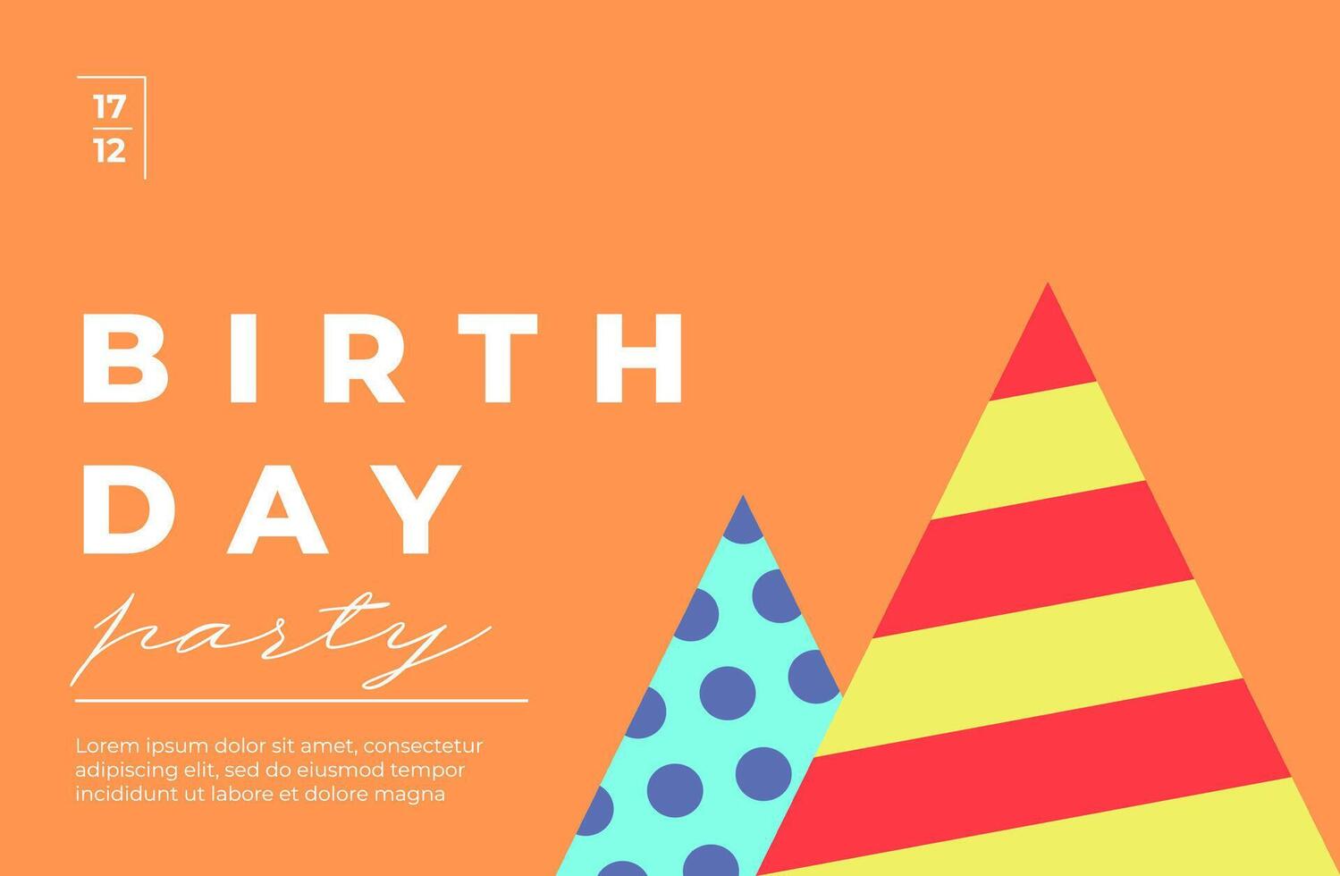 Minimal birthday party invitation with abstract geometric hats and festive shapes. Colorful modern design. Perfect for greeting cards, banners or celebration templates. Flat illustration style. vector