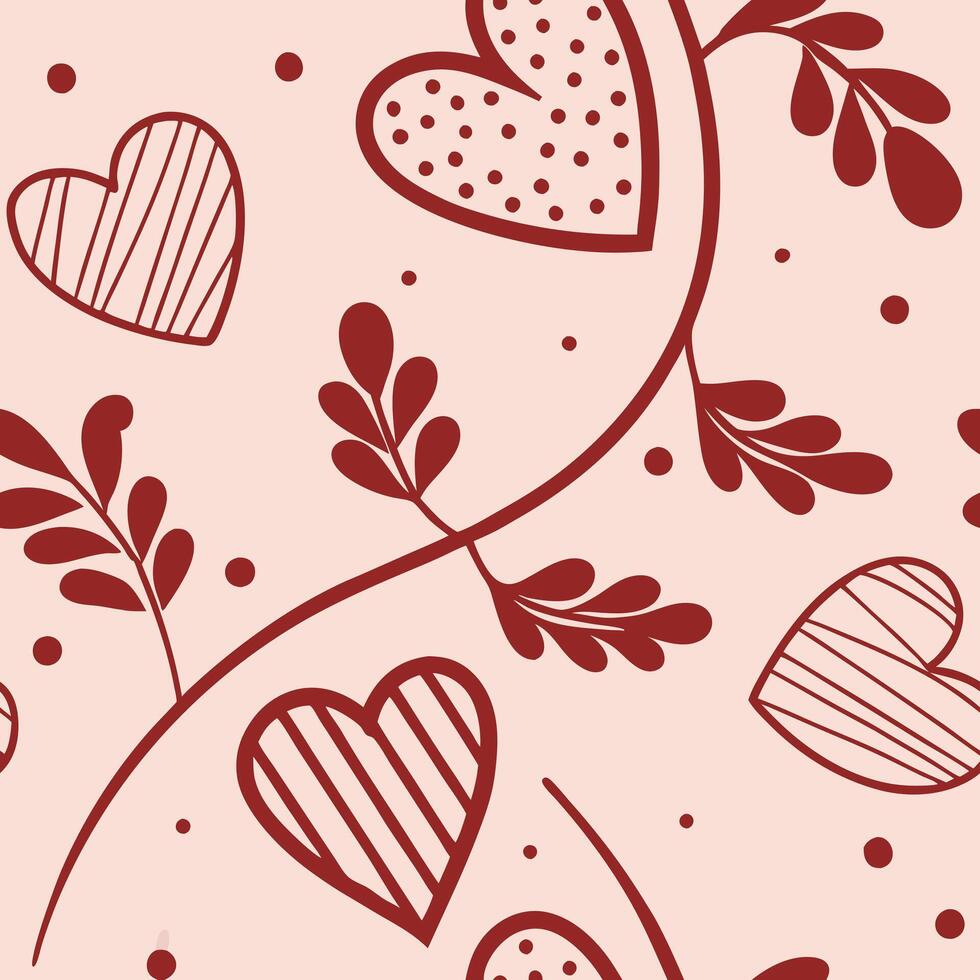 Seamless pattern with red hearts, branches and leaves on a light pink background, romantic and decorative, perfect for Valentine's Day or wedding designs vector