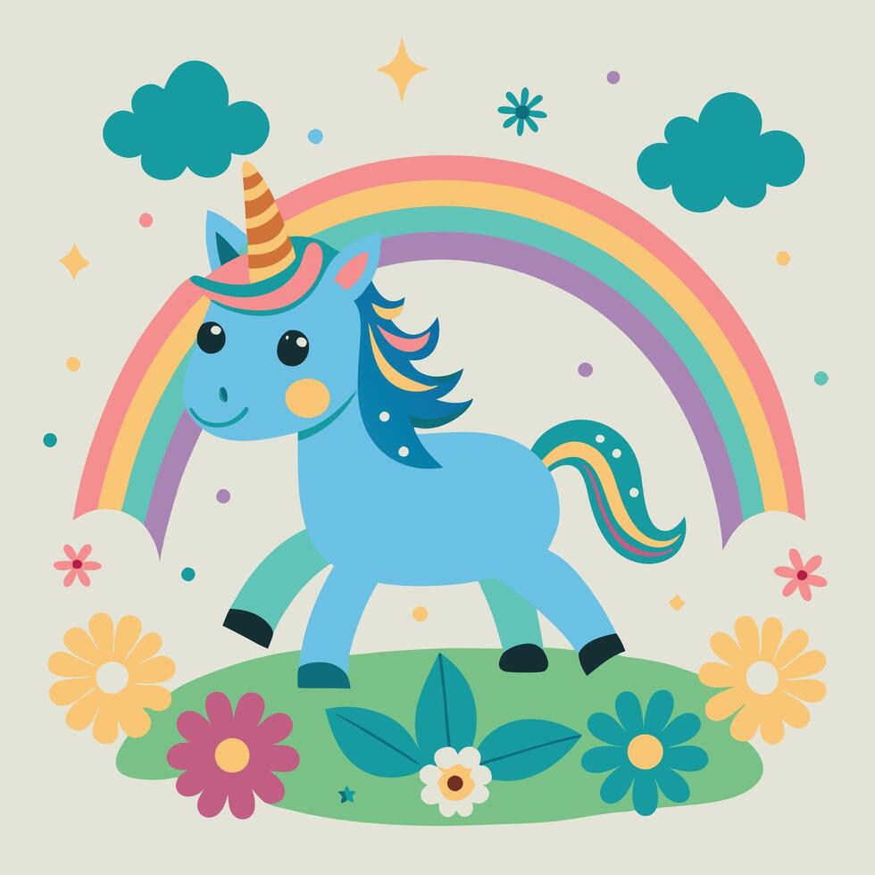 A blue unicorn with a rainbow mane and tail, walking on a green field with flowers, a rainbow and clouds in the background vector