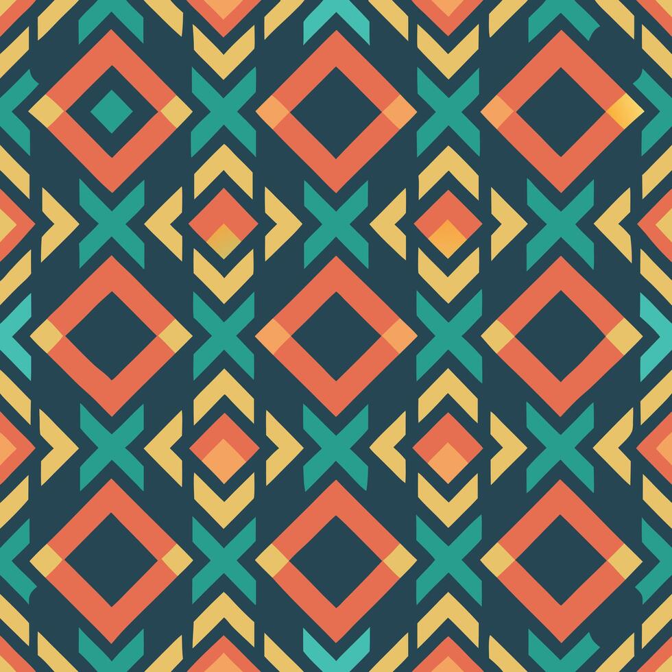 Seamless pattern with geometric shapes in orange, yellow, and teal on a dark blue background, creating a vibrant and symmetrical design vector