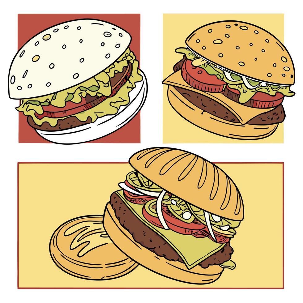 Illustration style of Collection set of Hamburger In different perspectives vector
