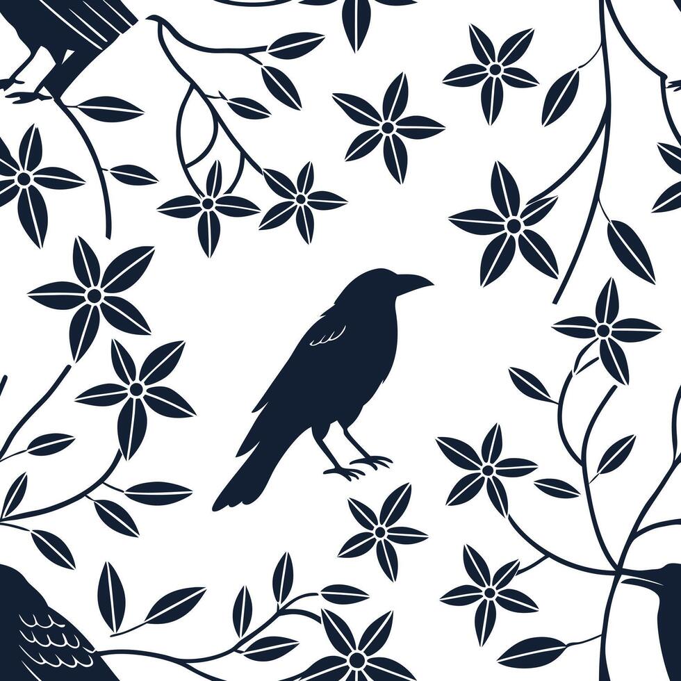 seamless pattern, A black bird in the center of a square surrounded by a floral pattern with black lines on a white background, minimalist design vector