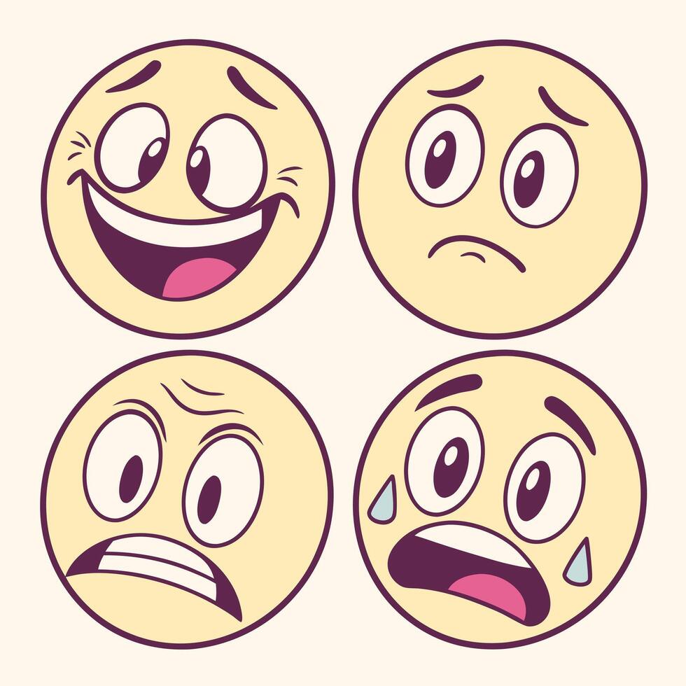 Four yellow cartoon emojis with different expressions, one laughing, one sad, one angry and one crying, isolated on a white background vector