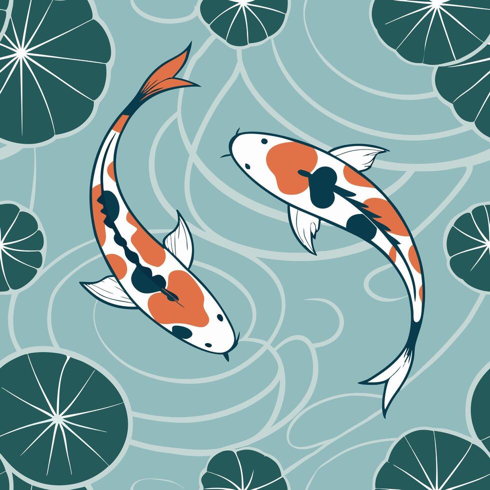 A seamless Japanese-inspired pattern of elegant koi fish in shades of orange, white, and black, swimming in clear rippling water with lotus leaves and soft reflections vector