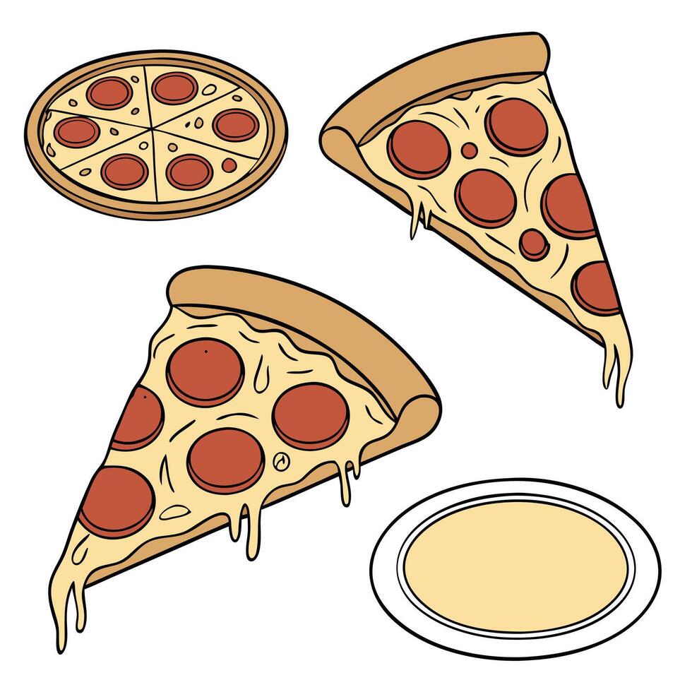 Collection set of slice of pepperoni pizza In different perspectives vector