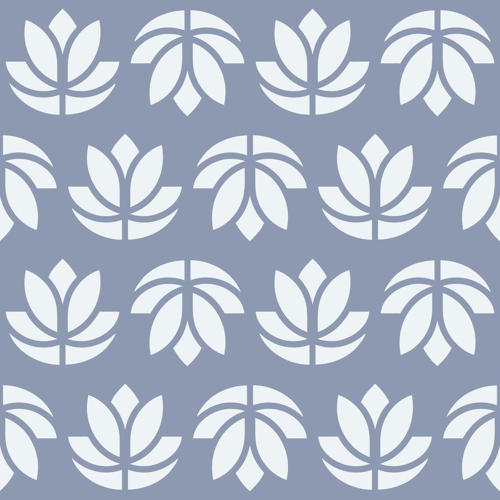 Seamless pattern of stylized lotus flowers in white and blue, symmetrical arrangement, simple geometric shapes vector