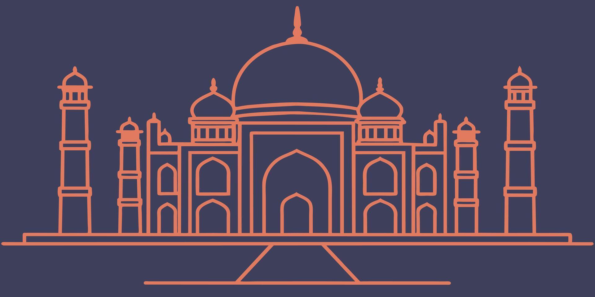 Taj Mahal line art in orange color on a dark blue background, symmetrical design vector