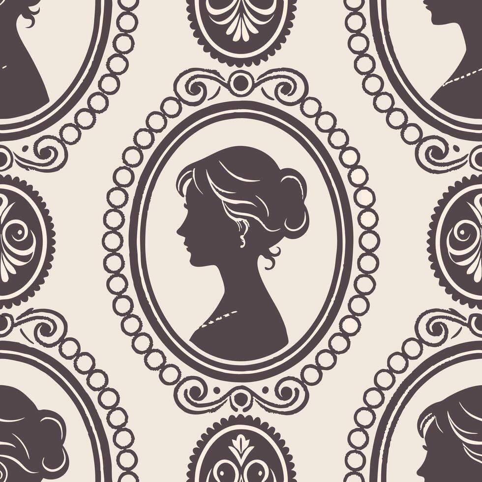 A seamless Edwardian wallpaper pattern featuring elegant cameo medallions framed by ornate gold filigree, set against a muted lavender background vector