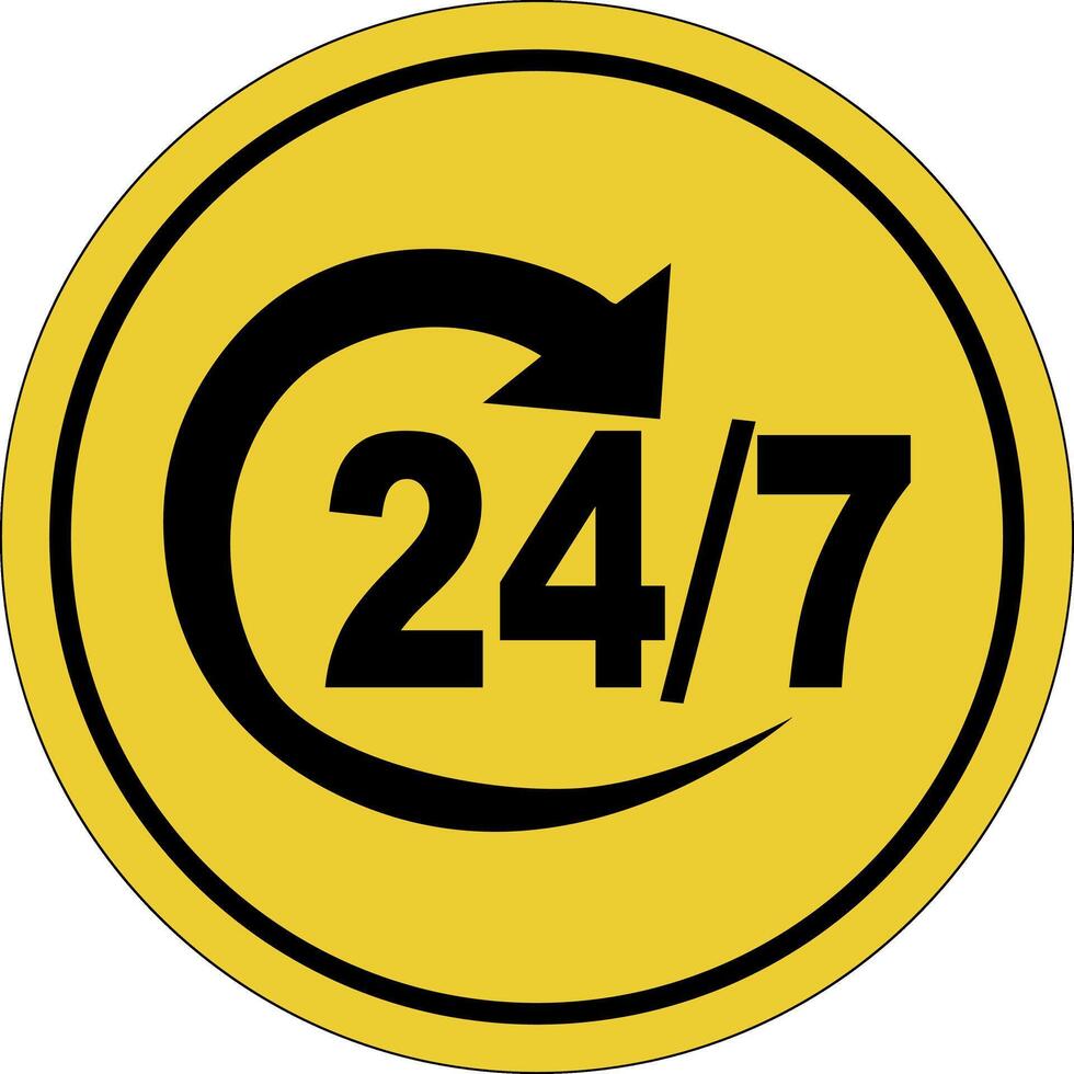 Yellow round sticker. Open day and night. Yellow background. Always supported. Icon. vector