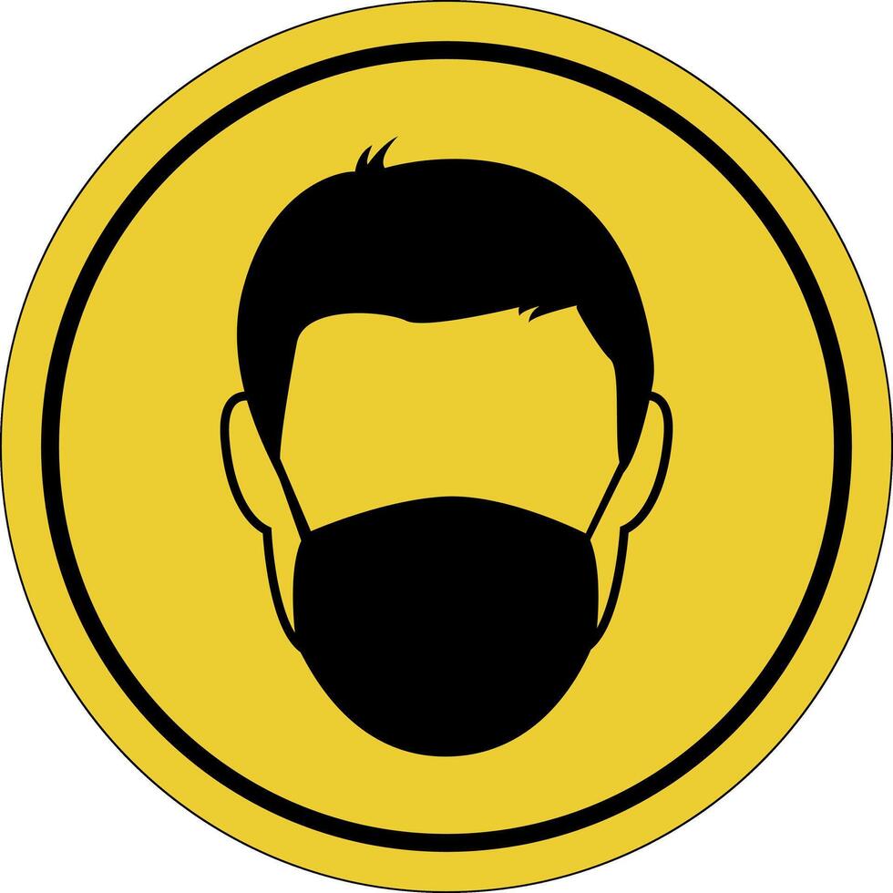 Protective mask. Breathing mask on the face. Medical mask. Yellow circle sticker. Warning icon. Yellow sign. Circle label. vector
