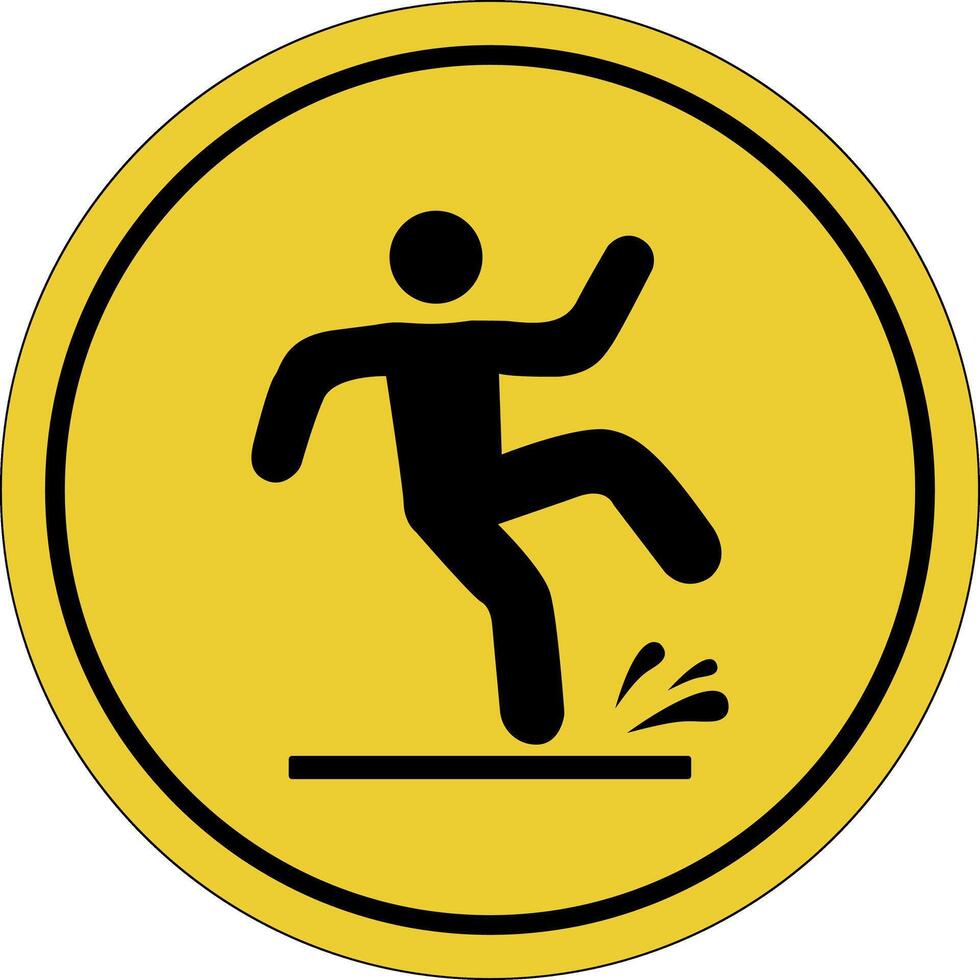 Wet floor. Slippery surface. Yellow circle sticker. Warning icon. Sign yellow. Circle label. vector