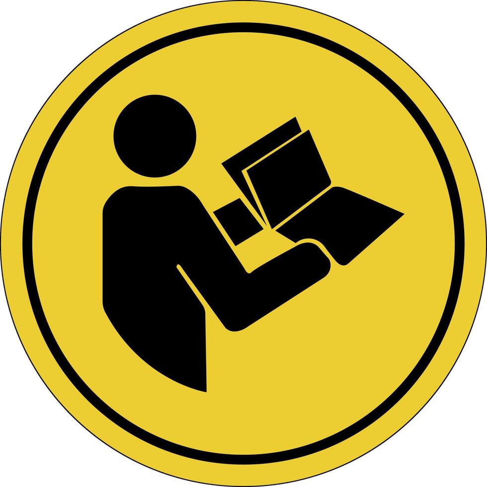 Operating manual. Instruction. Yellow circle sticker. Warning icon. Yellow sign. Circle label. vector