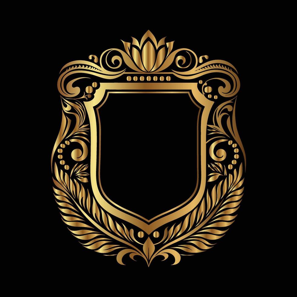 golden shield with ornate design on black background. vector