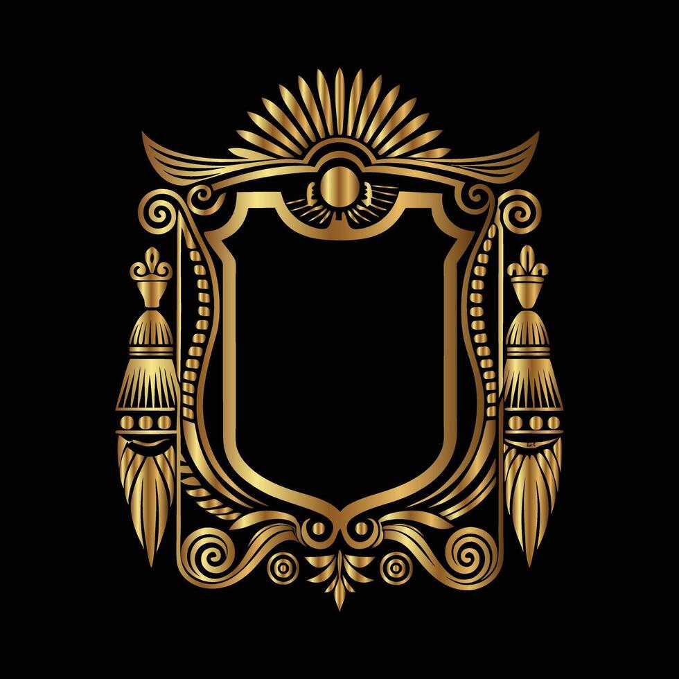 golden emblem with a crown and ornaments on a black background vector