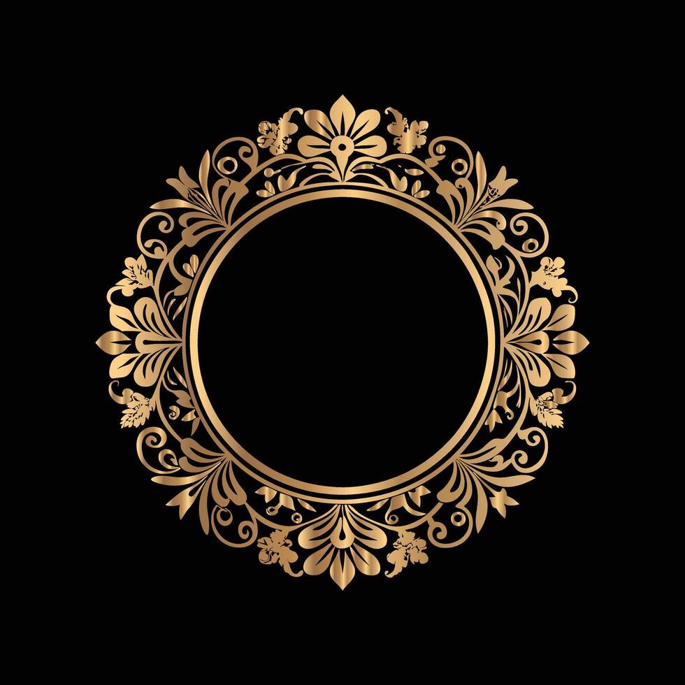 golden round frame on black background. Lace illustration for invitations and greeting cards. vector