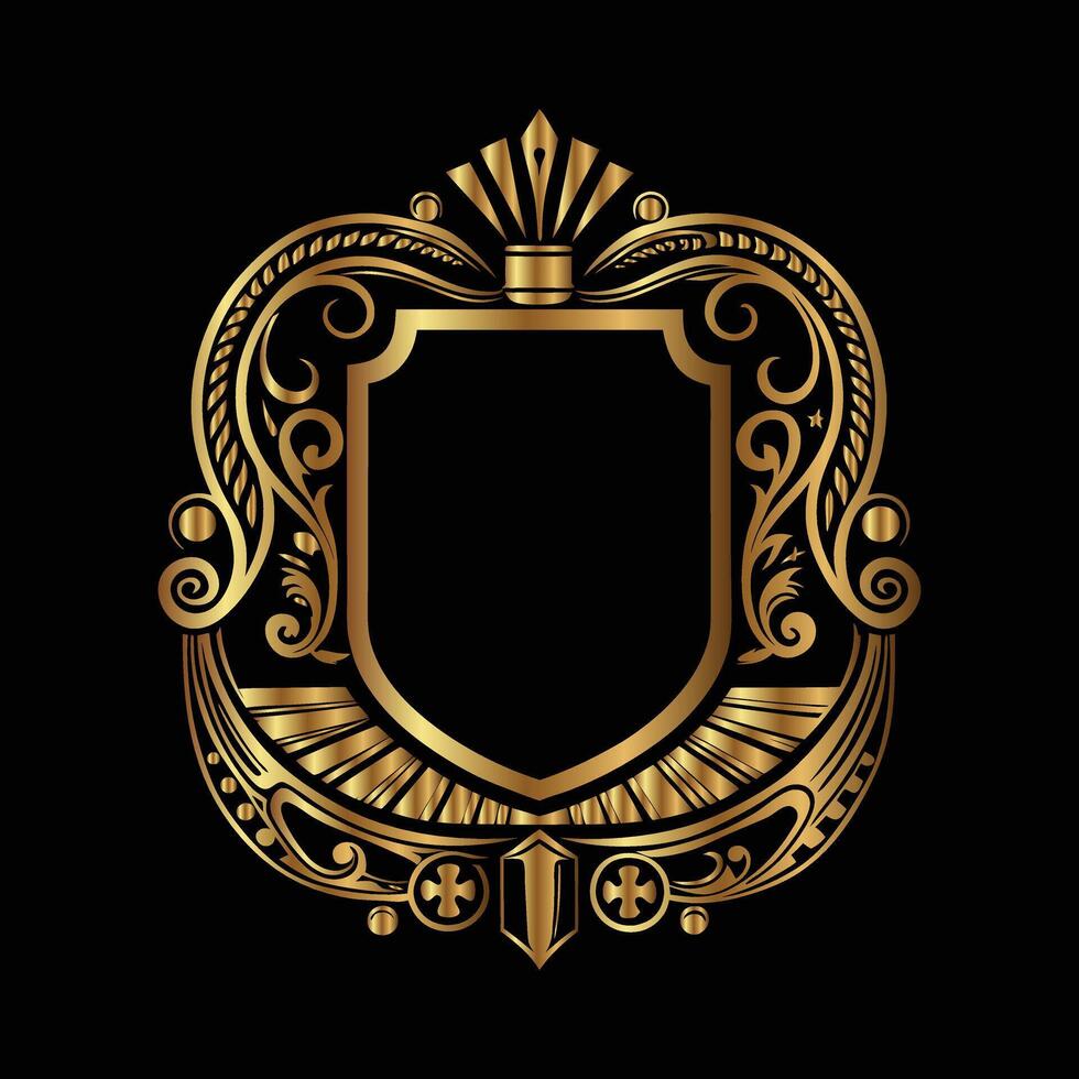 golden emblem with a shield and ornate design on a black background vector