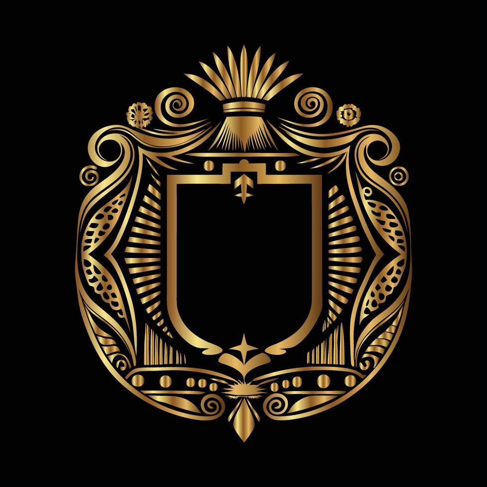 golden emblem with a shield and crown on a black background. vector