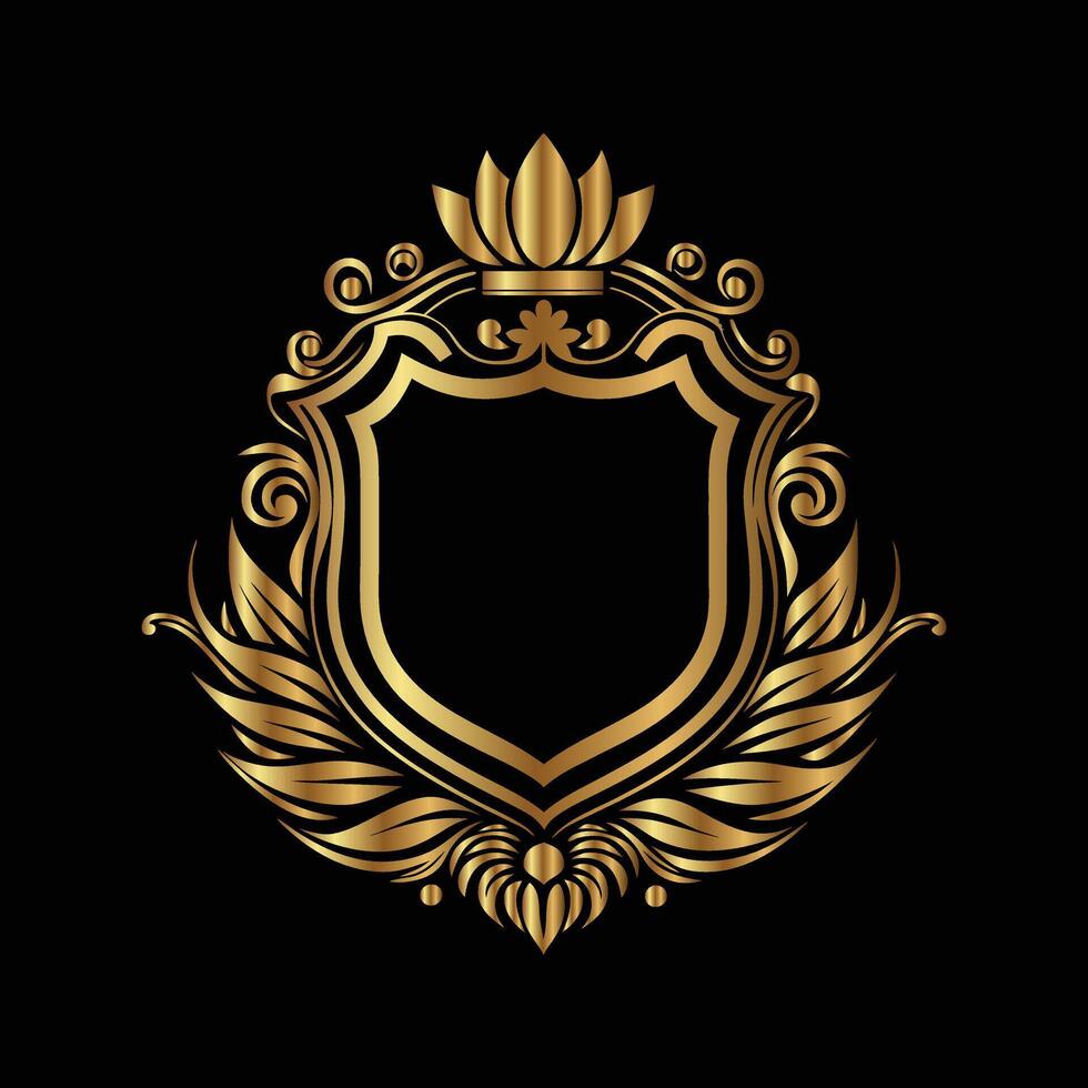 golden shield with floral pattern on black background vector